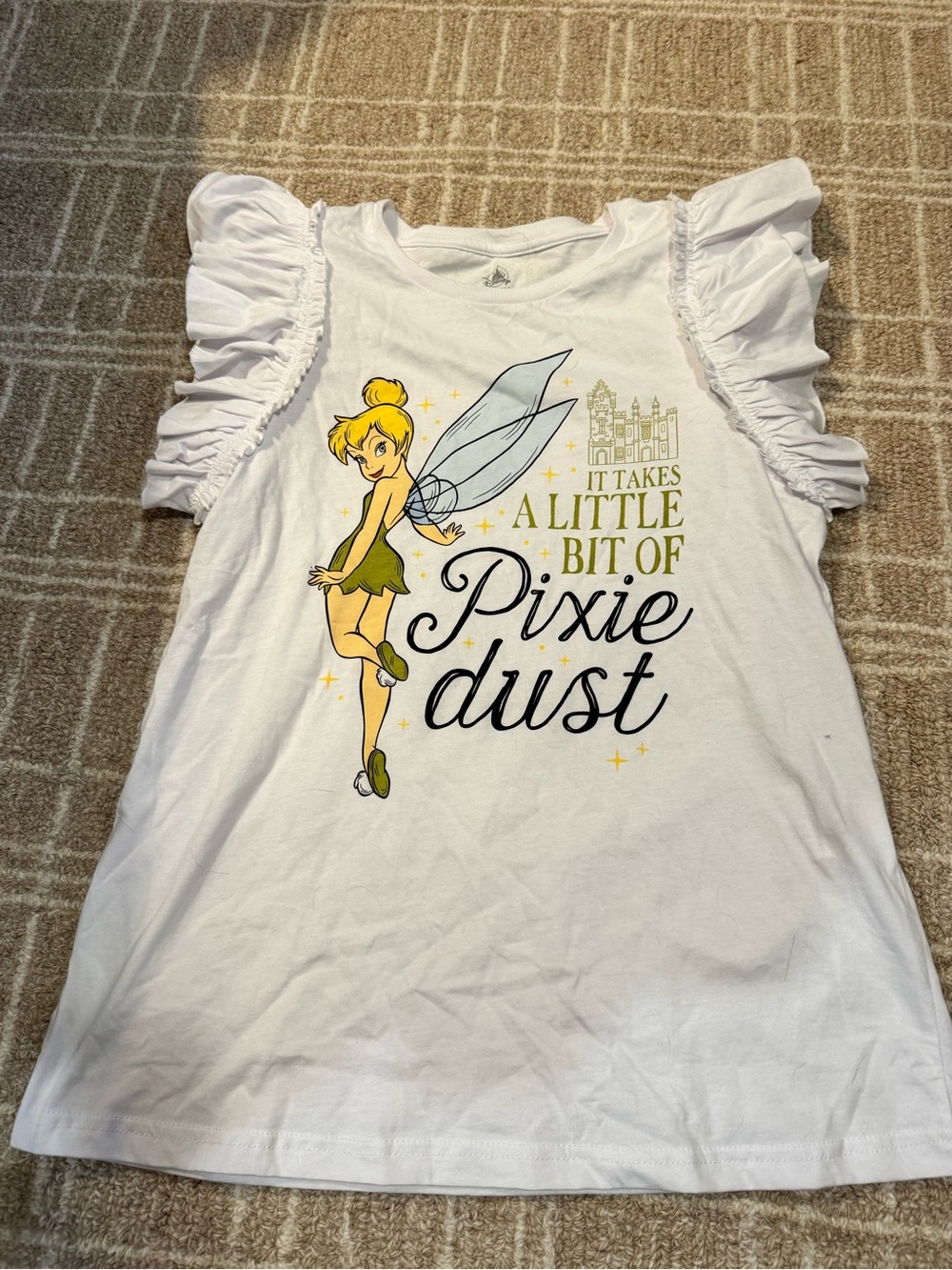Women’s AUTHENTIC EPCOT UK White Tinker Bell Pixie Dust Ruffle Top size M